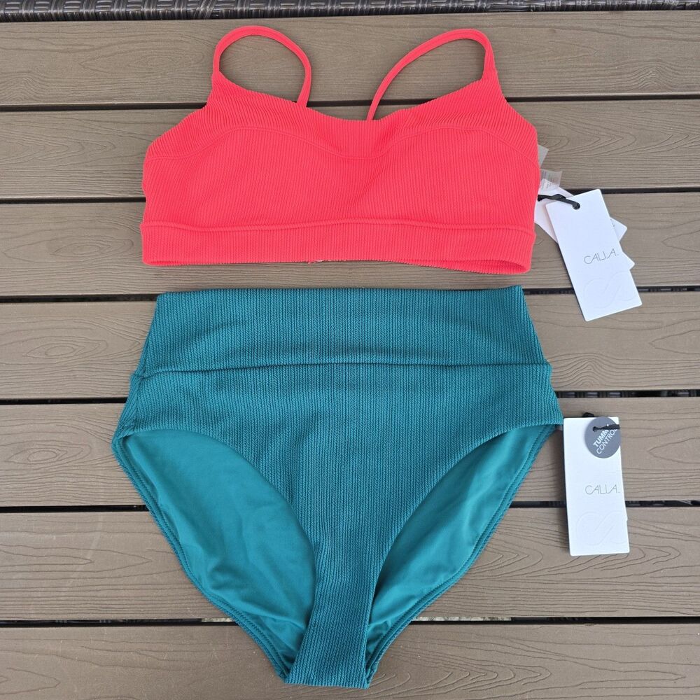 CALIA Women's Coral Crinkled Bikini Top & Wide Band High Leg Bikini Sz L New